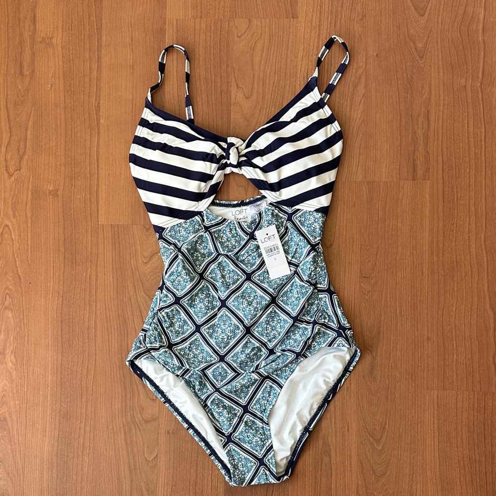 LOFT Navy and Blue Patterned One-Piece Swimsuit